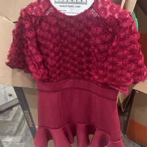 KEEPSAKE the Label Burgundy Floral Lace Peplum Dress